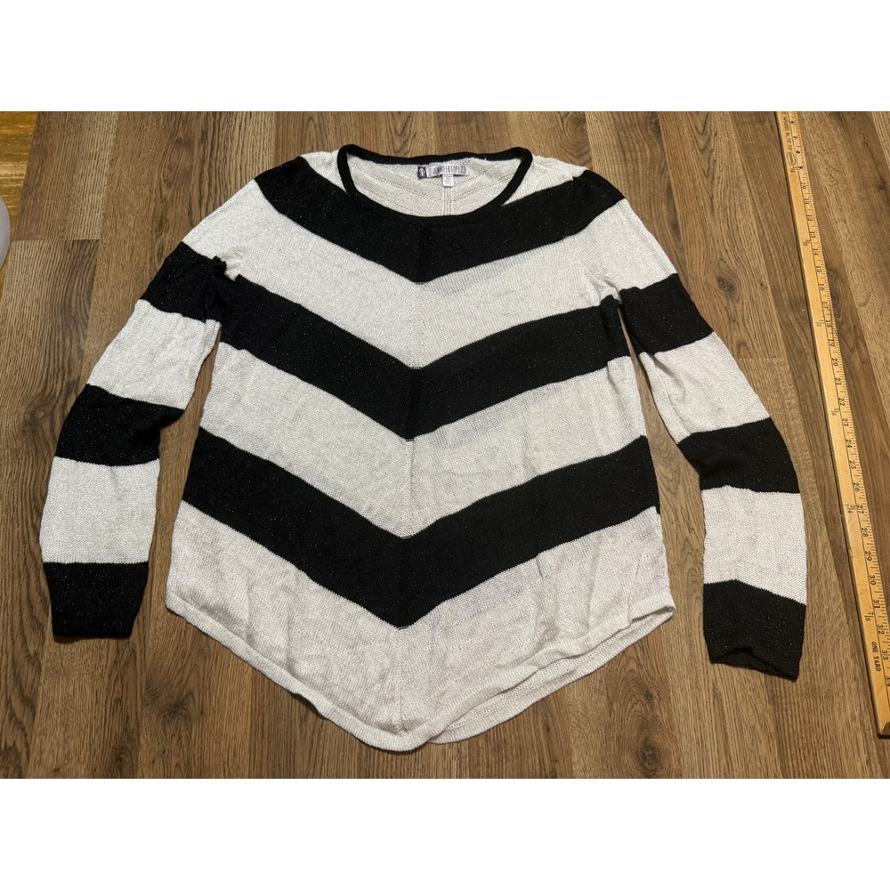 Jennifer Lopez Sweater Women Size 0X Black White Striped Metallic Pullover